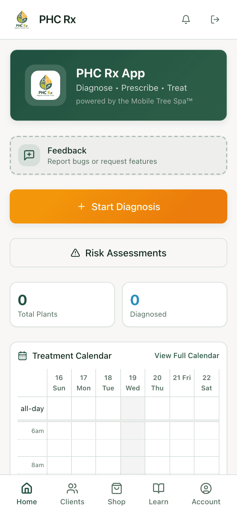 PHC Rx home screen with Start Diagnosis, plant counts, and the treatment calendar