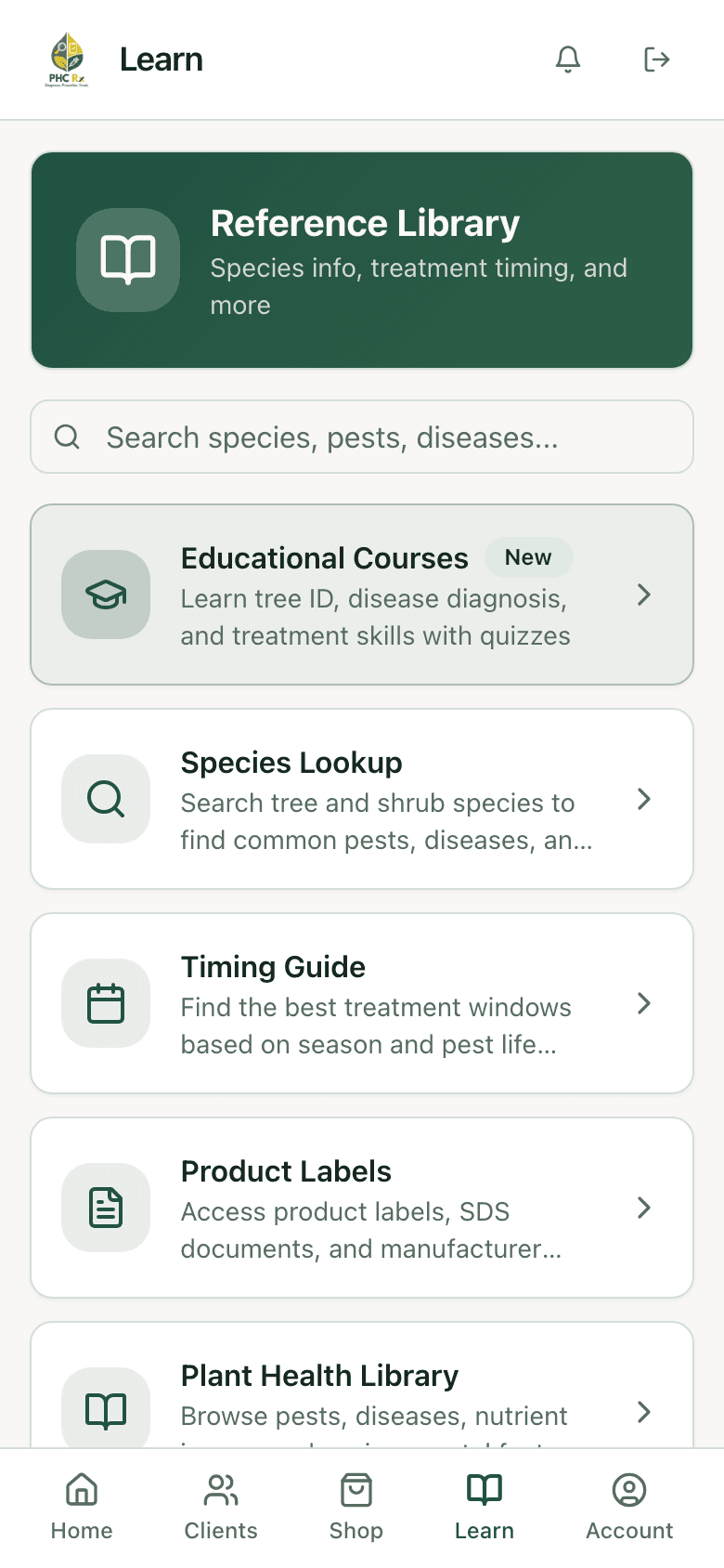 Learn hub with courses, species lookup, timing guide, and product labels