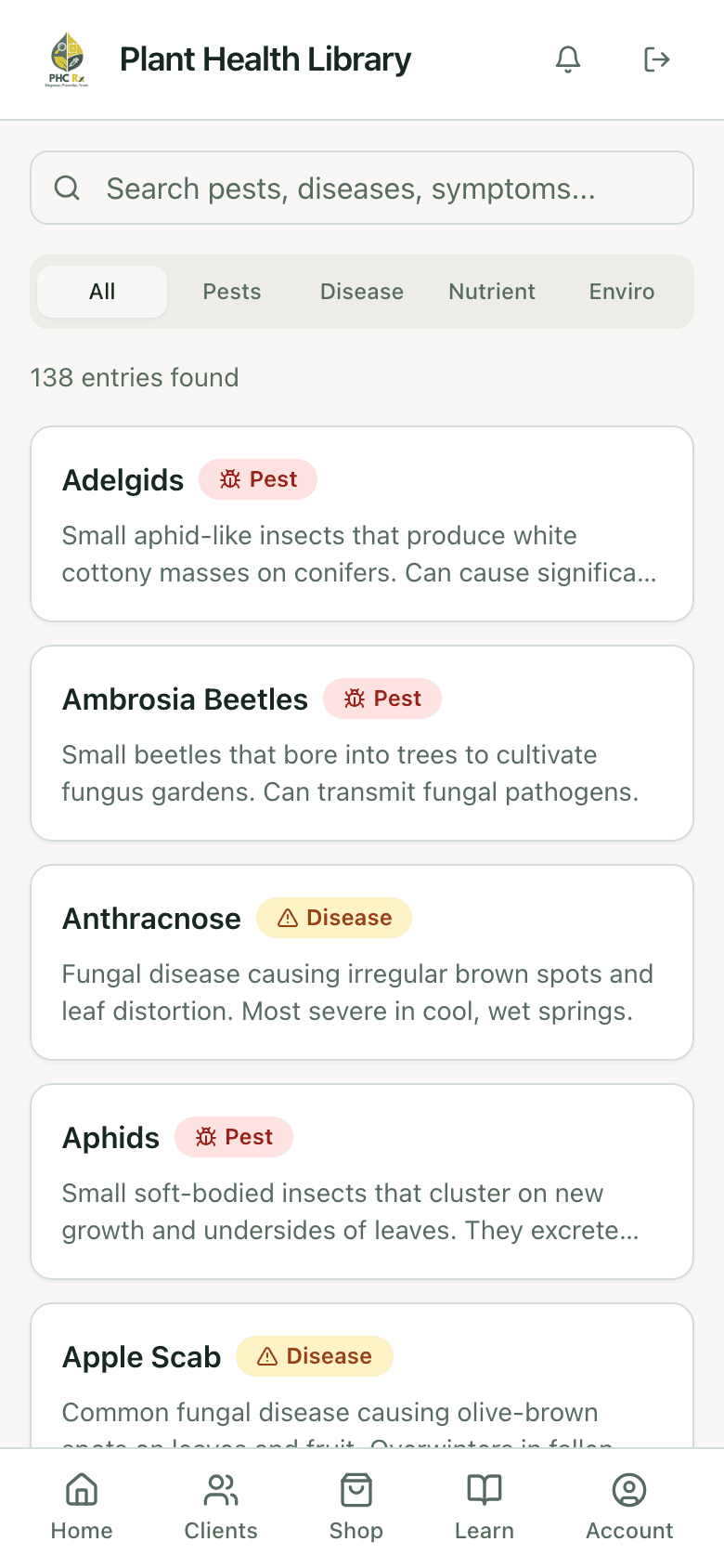 Plant Health Library with 138 pest and disease entries