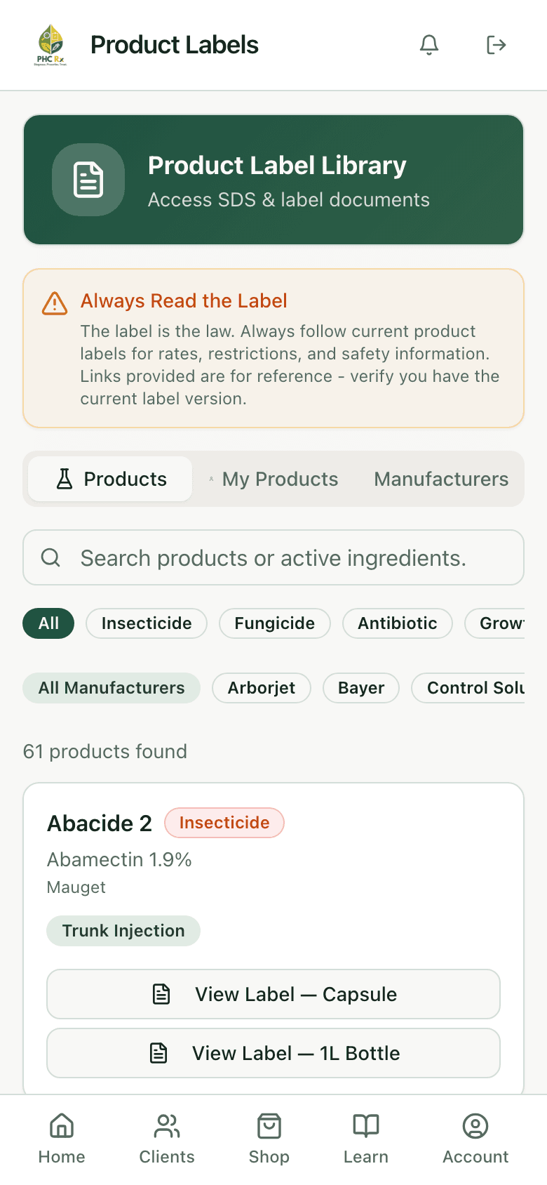 PHC Rx product label library with insecticide, fungicide, and manufacturer filters