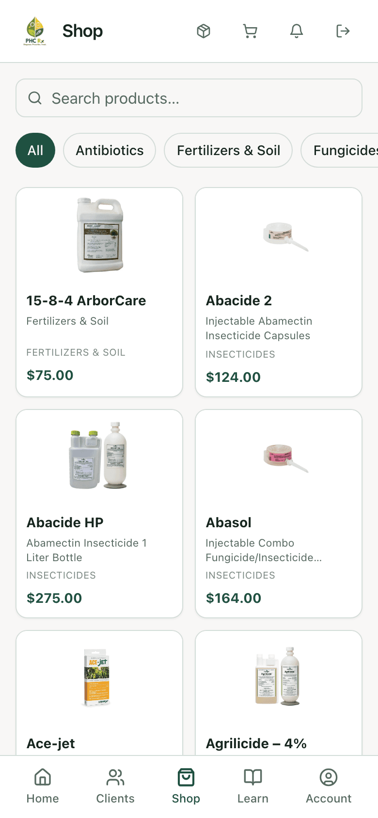 In-app shop with treatment products and prices